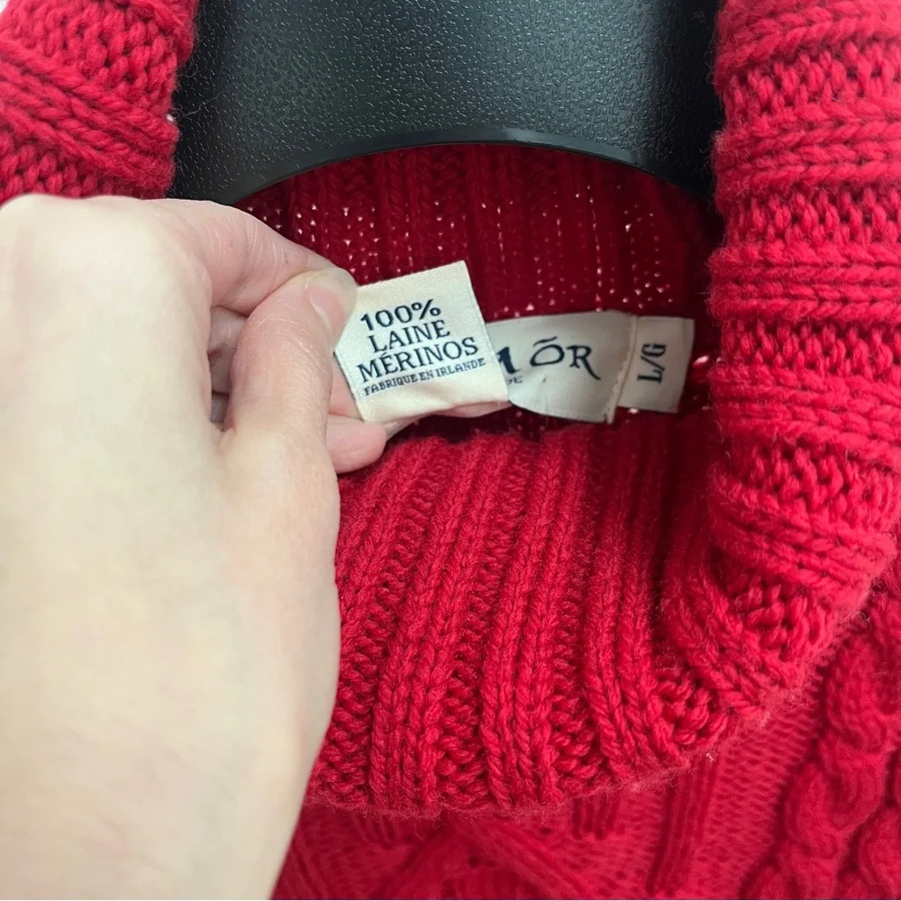 Aran Mor 100% merino wool traditional turtleneck sweater L cherry red NWT - Picture 7 of 10
